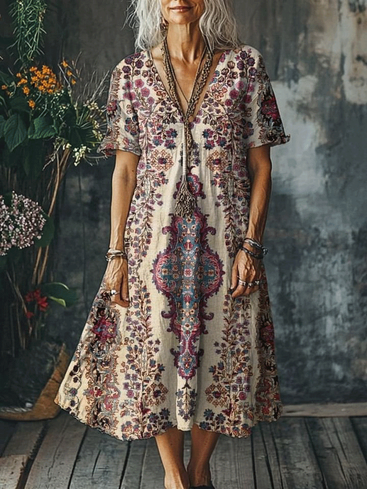 Women's Vintage Lovely Floral Art Print Pocket Cotton Dress