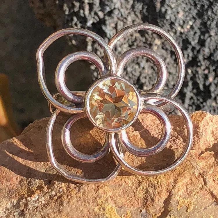 Golden Citrine Ring in Flower Design Sterling Silver Size: 7