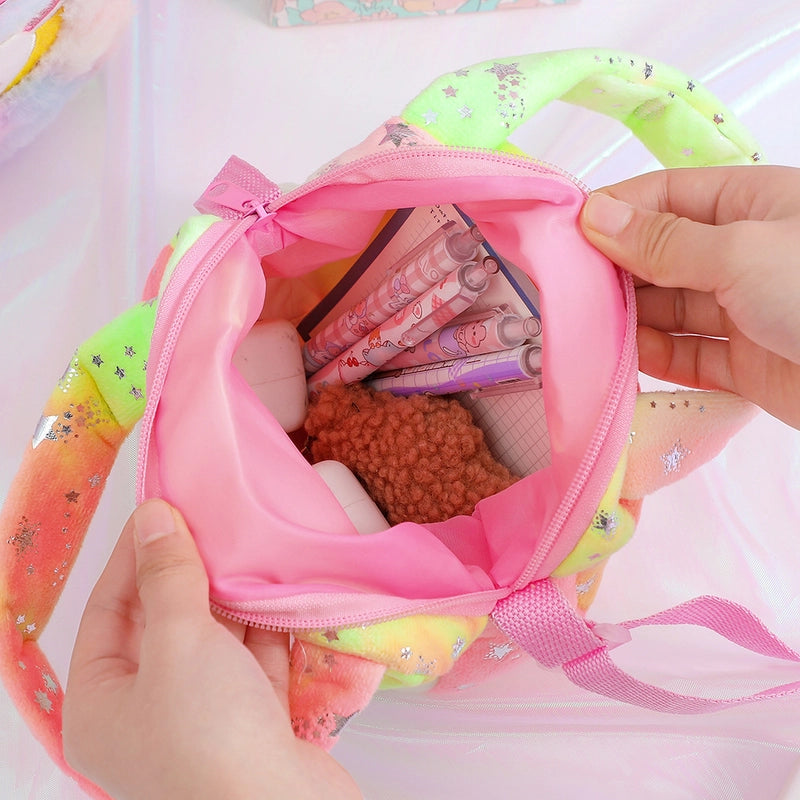 Girl’s Medium Plush Cartoon Cute Sequins Embroidery Round Heart Shape Square Zipper Handbag Crossbody Bag