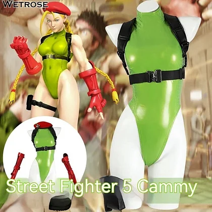 [Wetrose] Pre-order Cammy Cosplay Costume Street Fighter V 6 5  Sexy Green Bodysuit Leather Latex Full Set White Halloween Wig