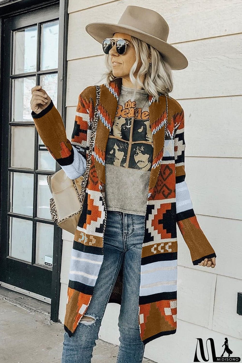 MidiSono - Multicolor Ethnic Style Knee Length Open Front Cardigan