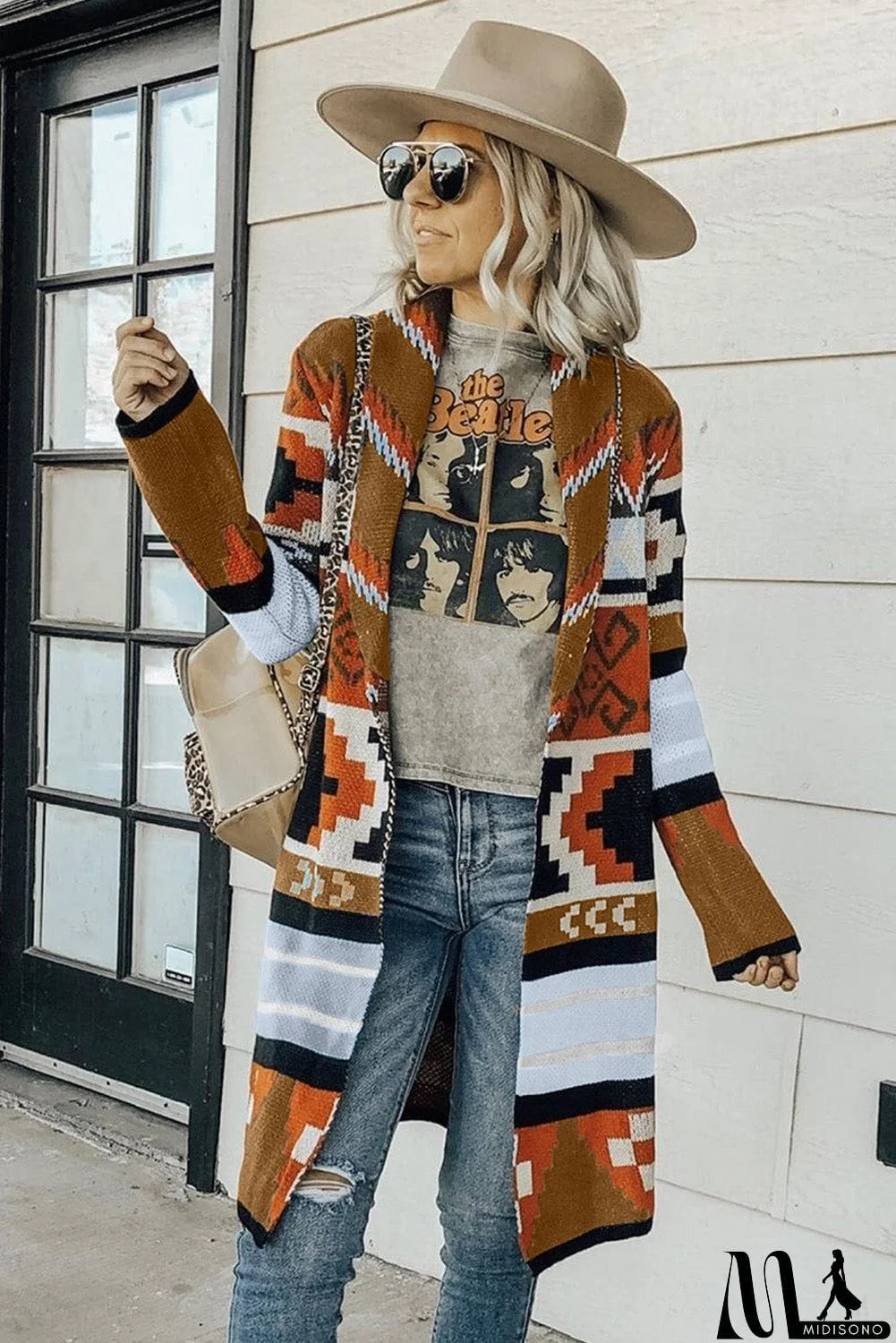 MidiSono - Multicolor Ethnic Style Knee Length Open Front Cardigan