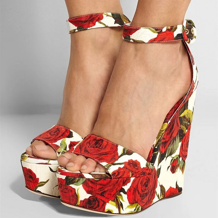 Red Rose Floral Heels Ankle Strap Platform Wedge Sandals