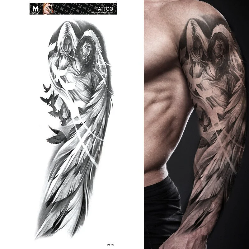 Sdrawing Arm Temporary Tattoo Wolf Lion Fish Horns Geometric Man Body Leg Rose Flower Phoenix Waterproof Sticker Cool Women Tatoo