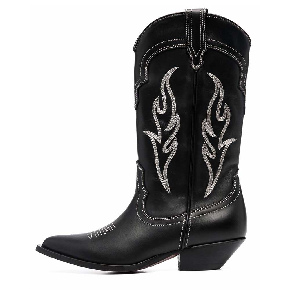 Black Vegan Leather Pointed Ivory Embroidered Mid-Calf Cowgirl Boots