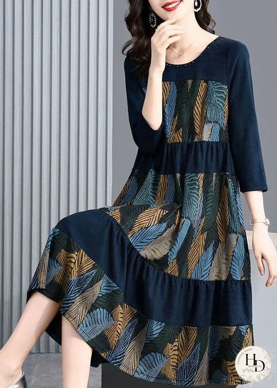 Style Blue Oversized Patchwork Print Dress Bracelet Sleeve
