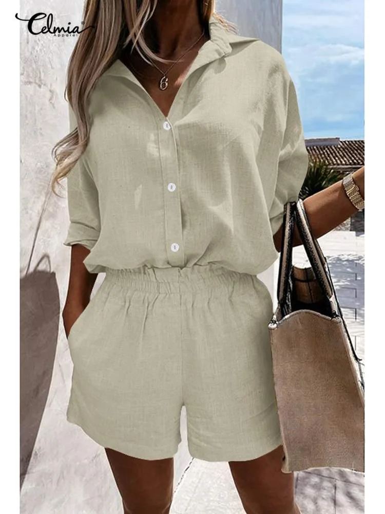 Summer Women Sets Celmia Lightweight Lapel Long Sleeve Shirt and Pleats Elastic Waist Short Suits Casual Cotton 2 PCS Short Sets