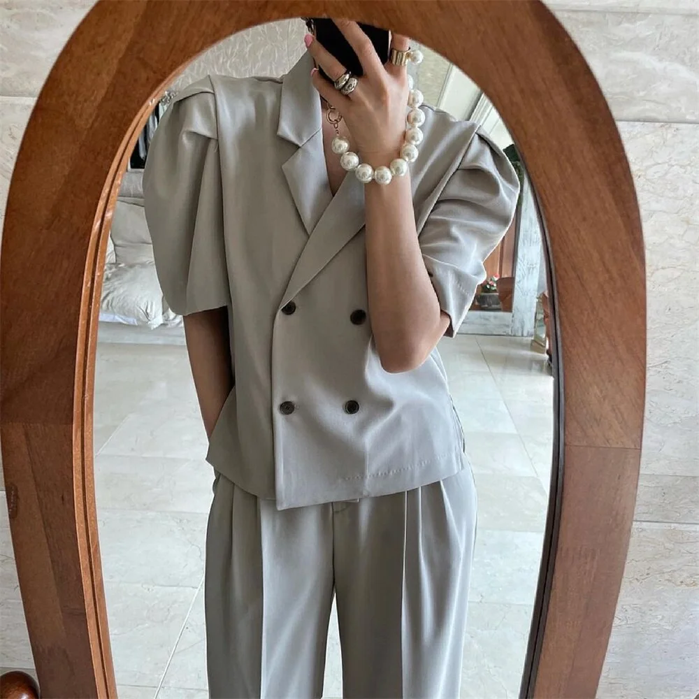 Jangj Alien Kitty Office Lady New Women Sets Work Wear Puff Sleeve Shirts Retro Streetwear Straight High Waist Full Length Trousers