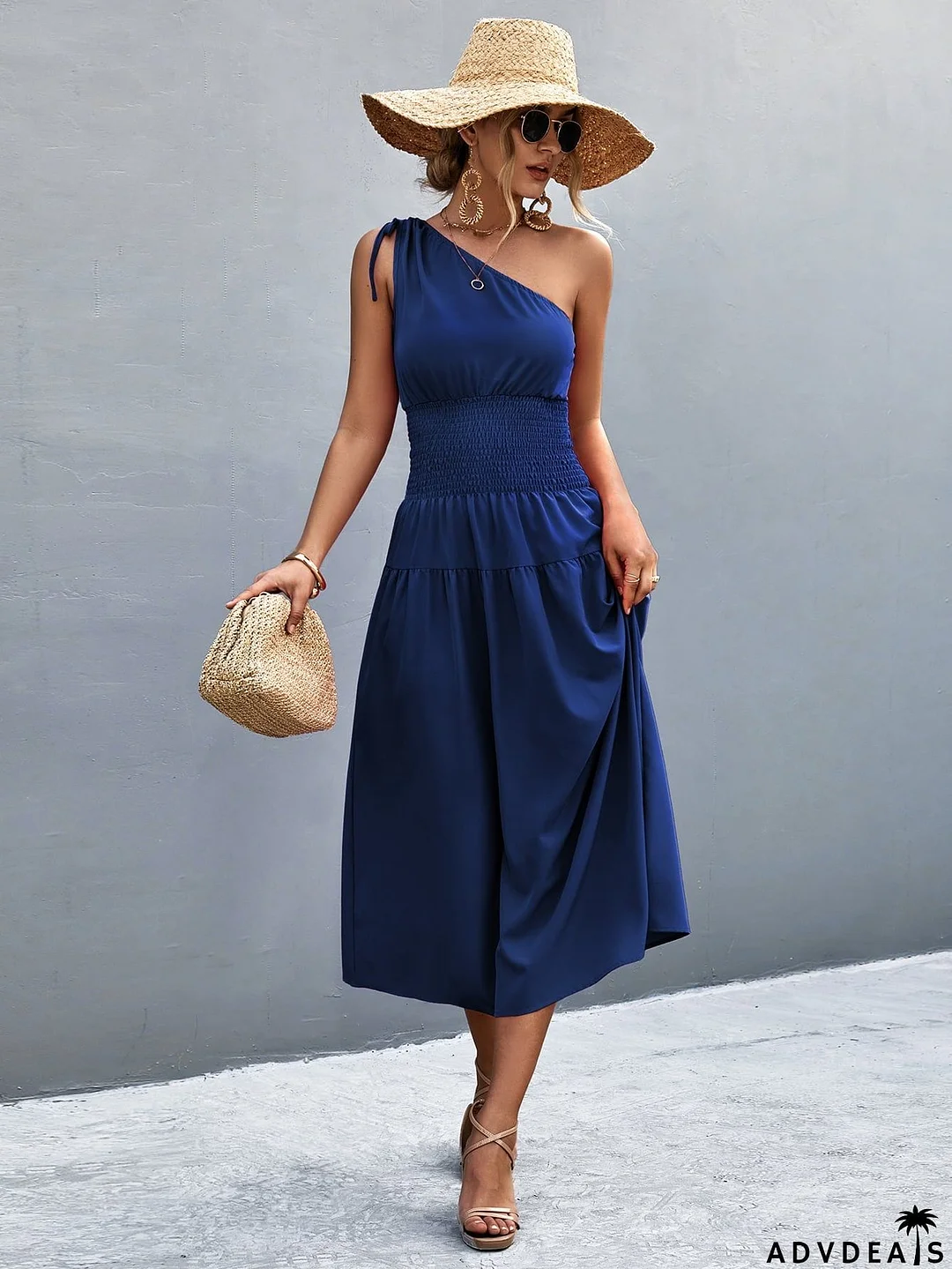 Asymmetrical One Shoulder Smocked Waist Midi Dress