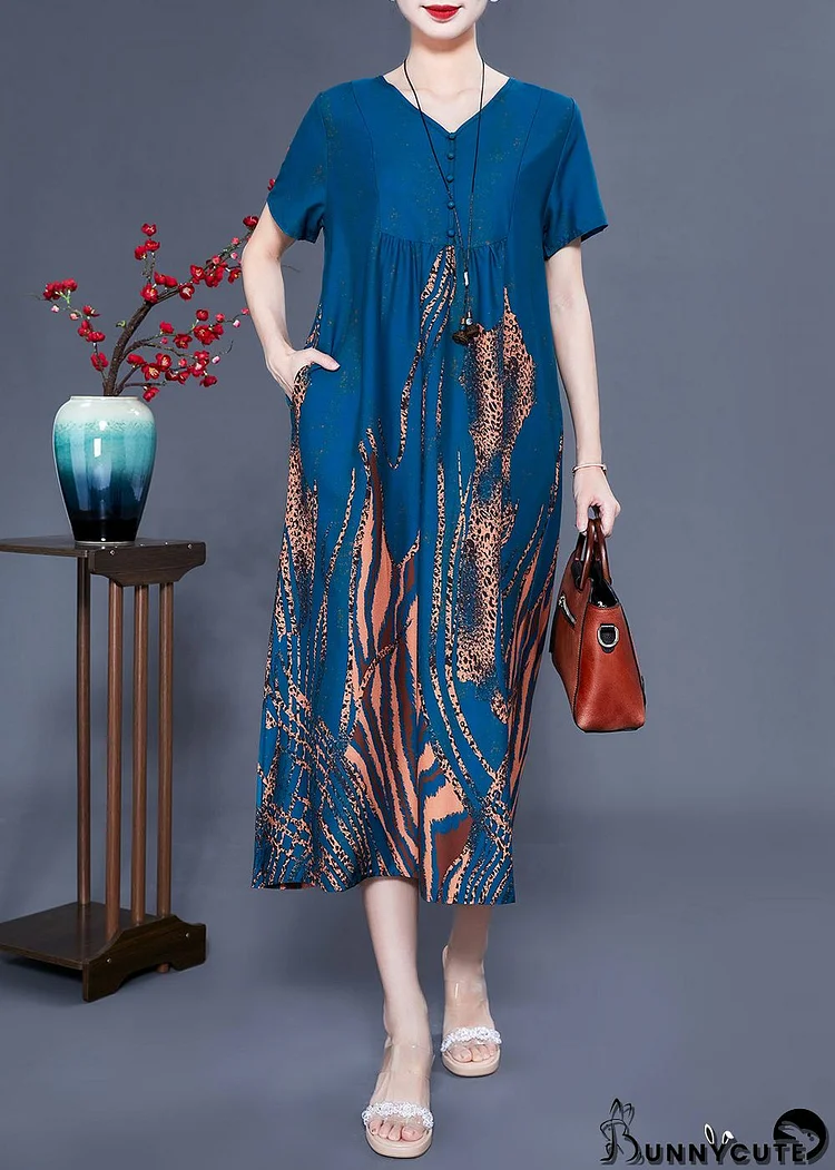 Handmade Navy V Neck Wrinkled Print Silk Vaction Dress Summer