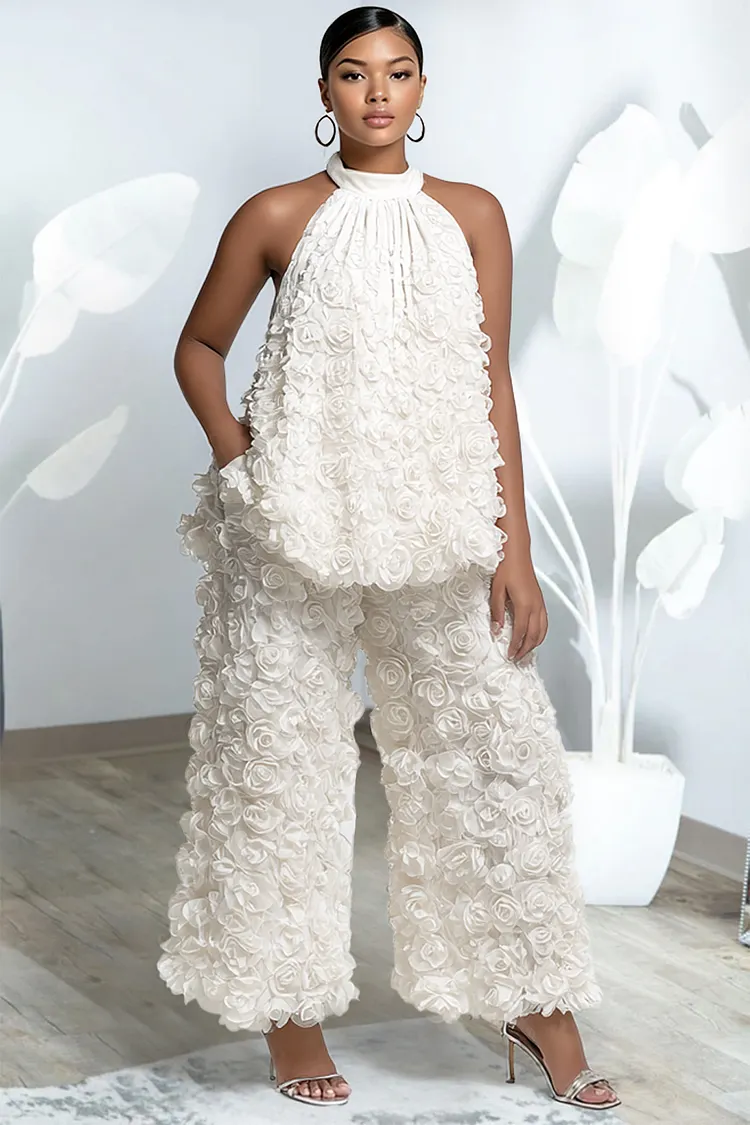 Xpluswear Design Plus Size Cocktail Party White Halter Collar 3D Pocket Tulle Two Piece Pant Sets [Pre-Order] 2024 - Xpluswear
