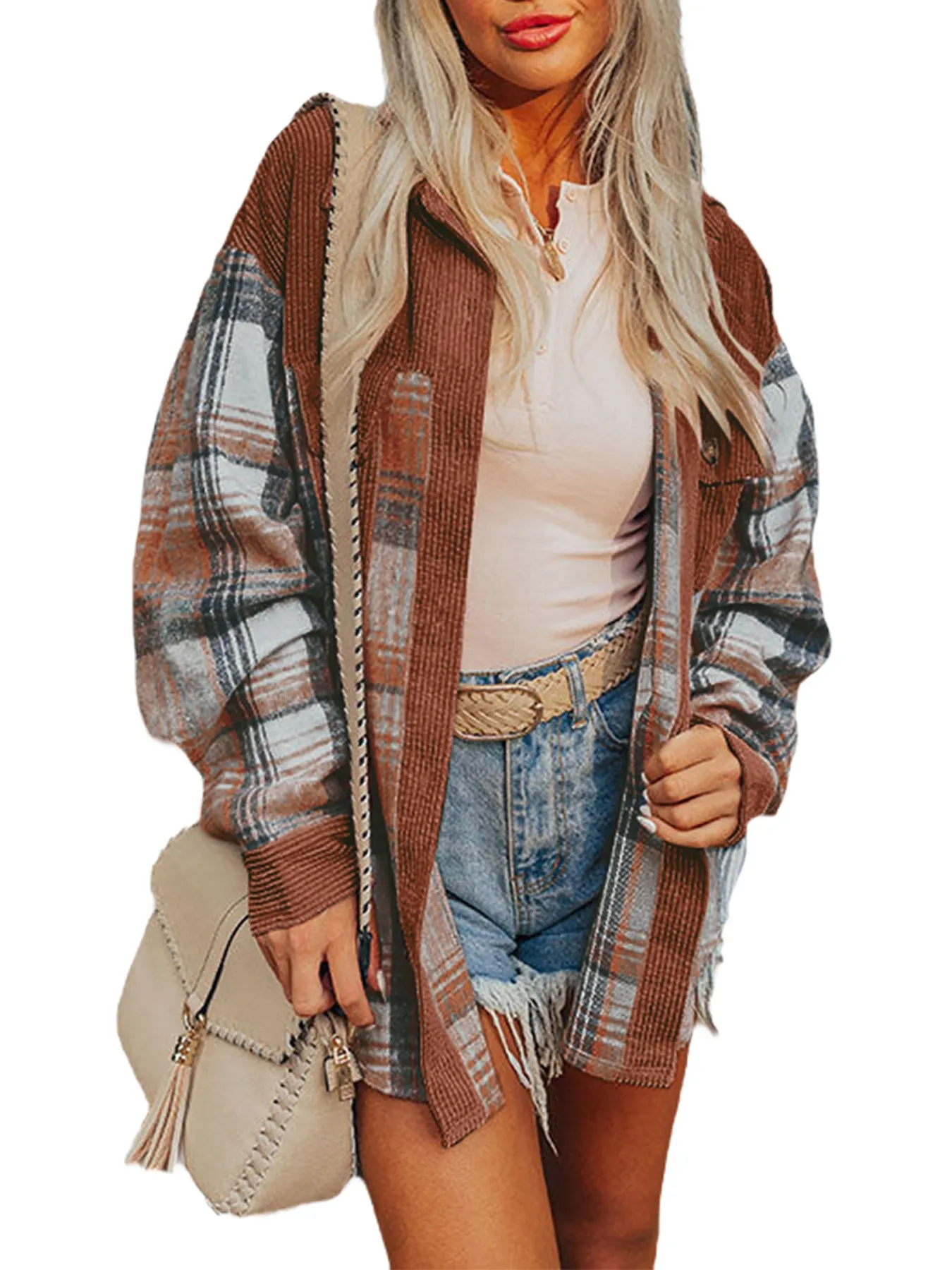 Women's Color Block Corduroy Plaid Shacket