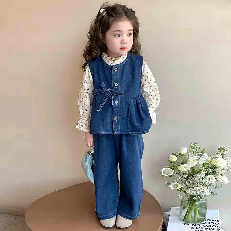 カジュアル 配色 シャツ+ベルト+パンツ 幼児 女の子 3点セットアップ