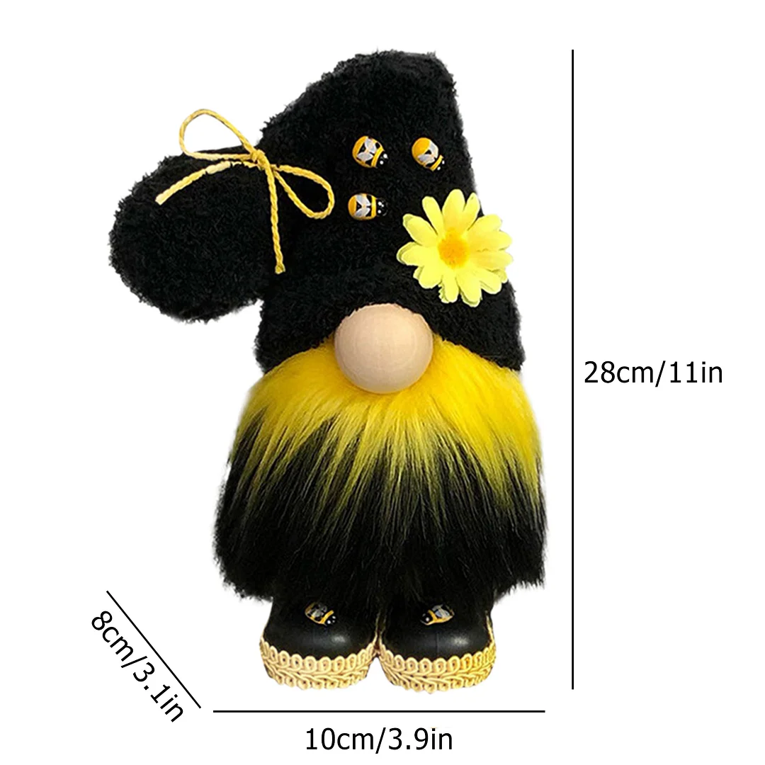 Sunflowers Gnome Bee Plush Doll, Faceless Nisse Elf Dwarf Tomte (Black)