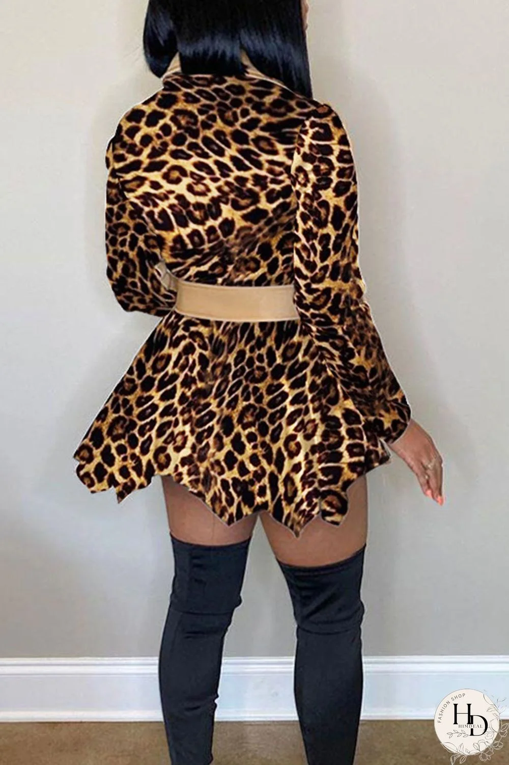 Black Fashion Leopard Camouflage Print Split Joint POLO collar Asymmetrical Dresses