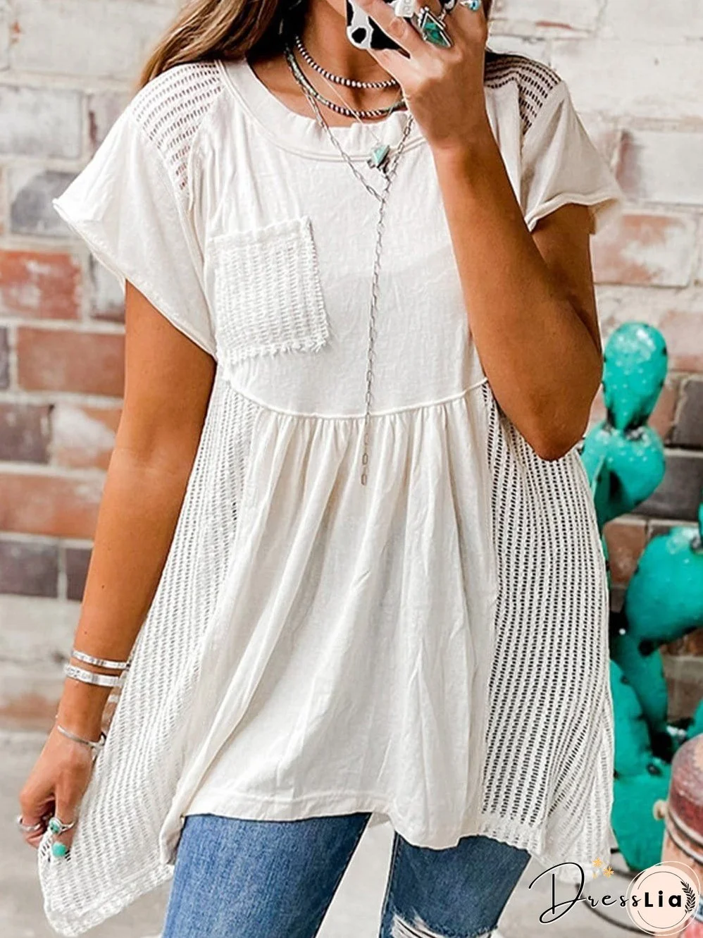 White Hollow Patchwork Keyhole Back Tunic Blouse