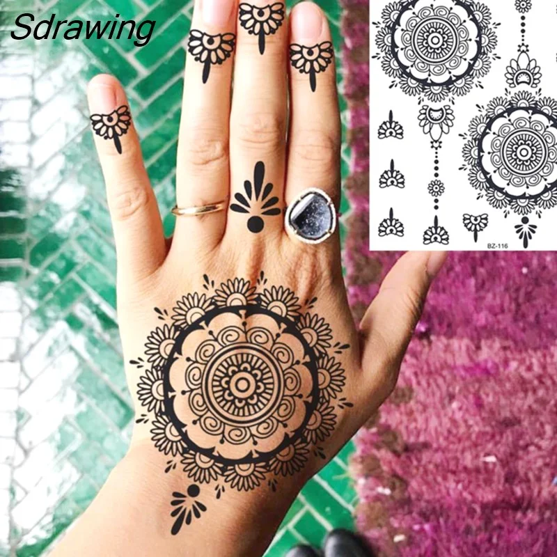 Sdrawing Henna Temporary Tattoos For Women Girls Feather Butterfly DreamCatcher Fake Gem Tattoo Sticker Chest Arm Tatoos Tribal 328-1