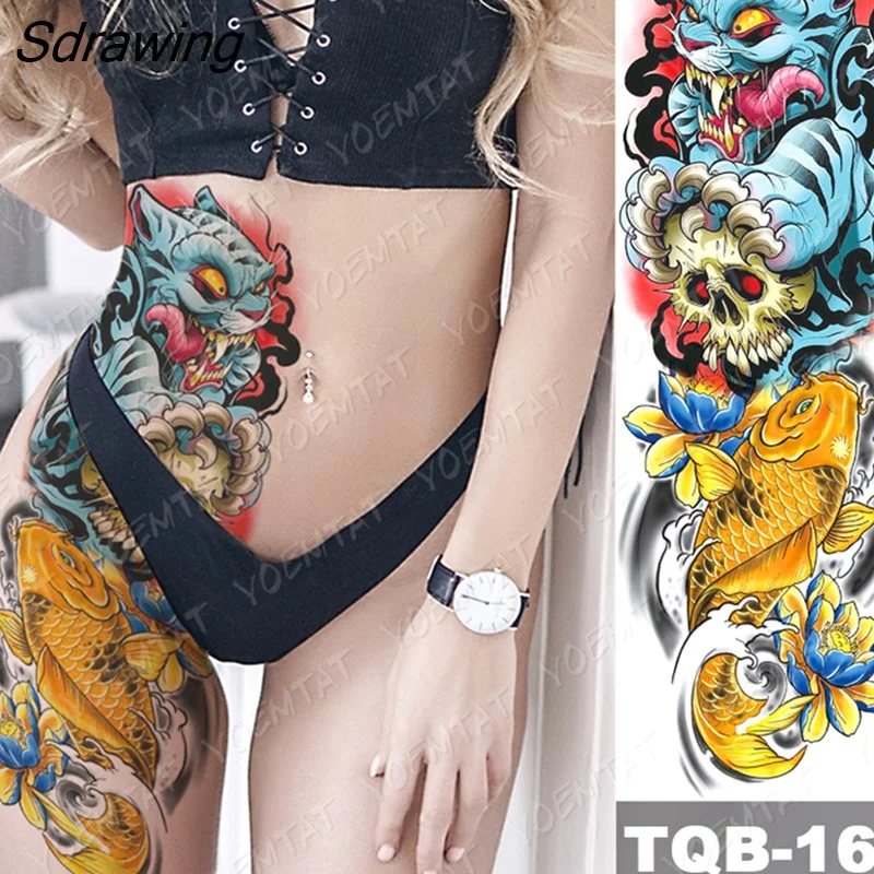 Sdrawing Arm Sleeve Tattoo Tiger Lion Wolf Owl Waterproof Temporary Tatto Sticker Crown Warrior Body Art Full Fake Tatoo Men Women