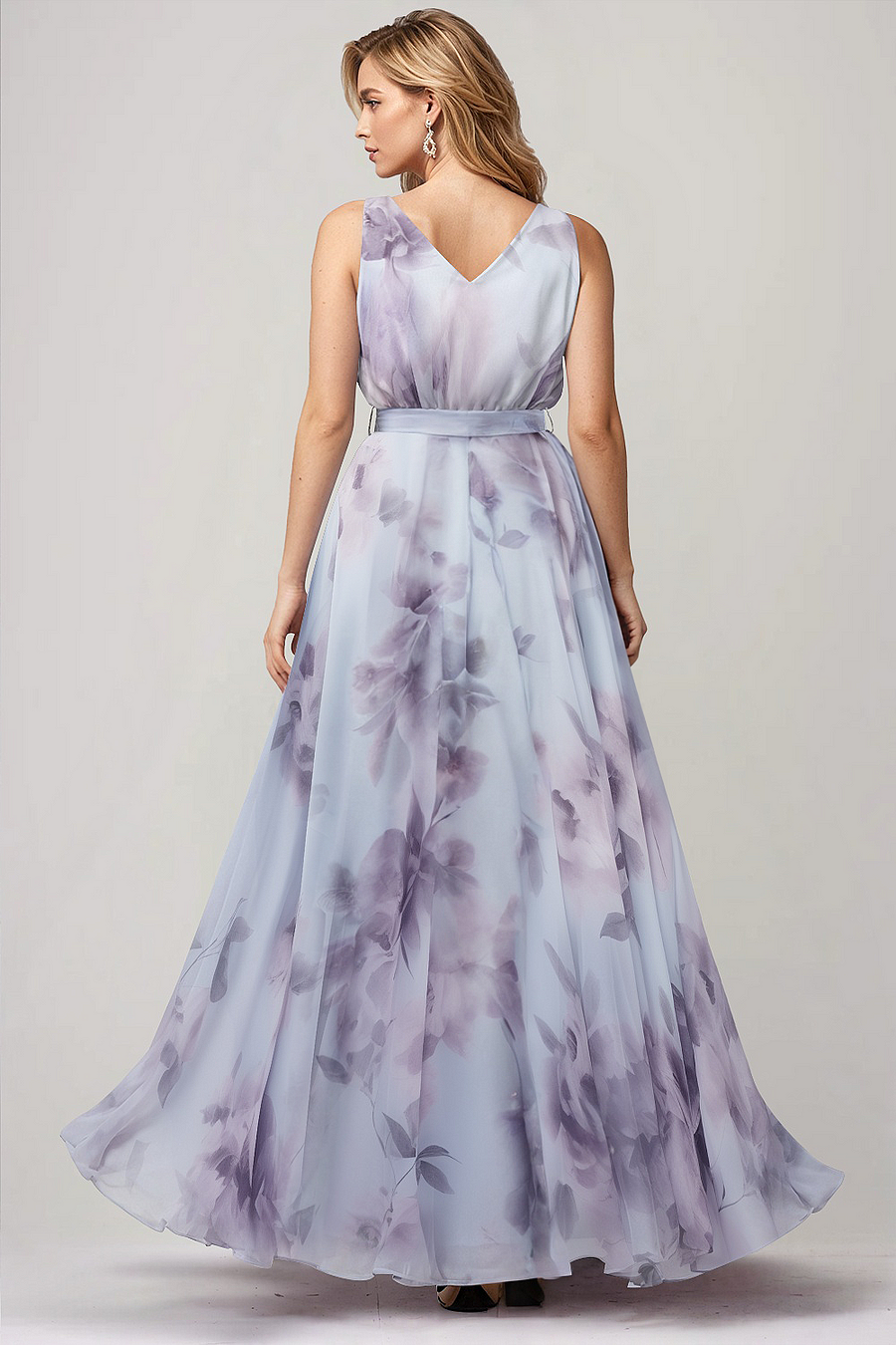 Flycurvy Plus Size Wedding Guest Light Purple Chiffon Floral Print Maxi Dress