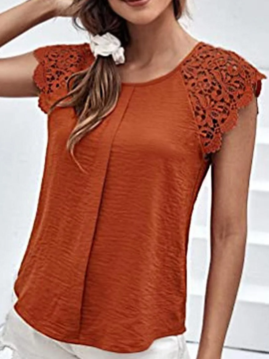 Casual Round Neck Solid Color Stitching Lace Short Sleeves Blouse