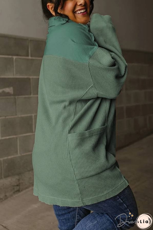 Smoke Green Waffle Patchwork Drop Sleeve Henley Top