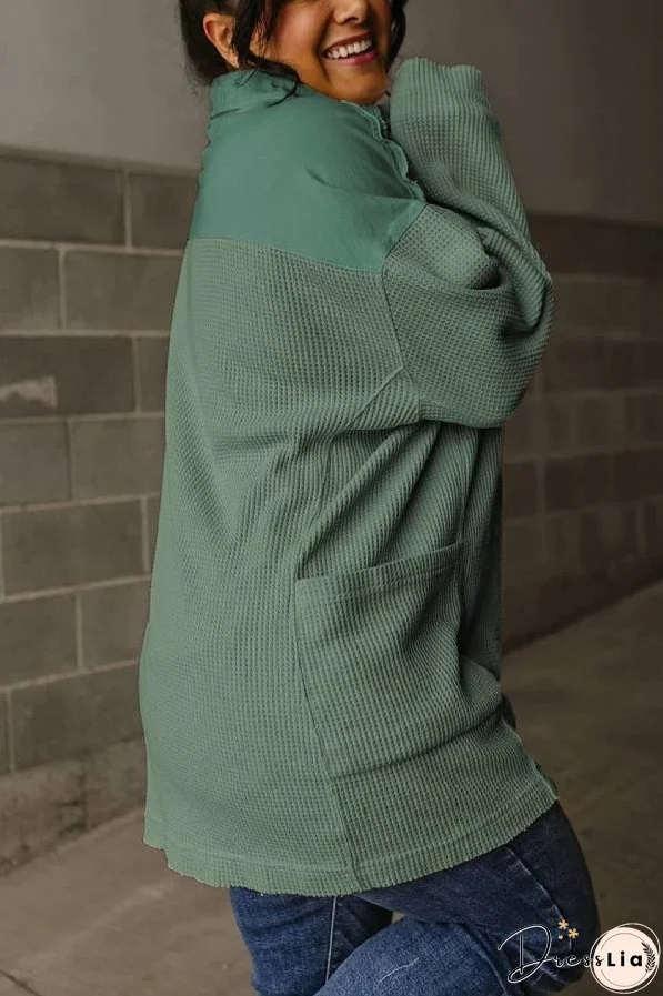Smoke Green Waffle Patchwork Drop Sleeve Henley Top