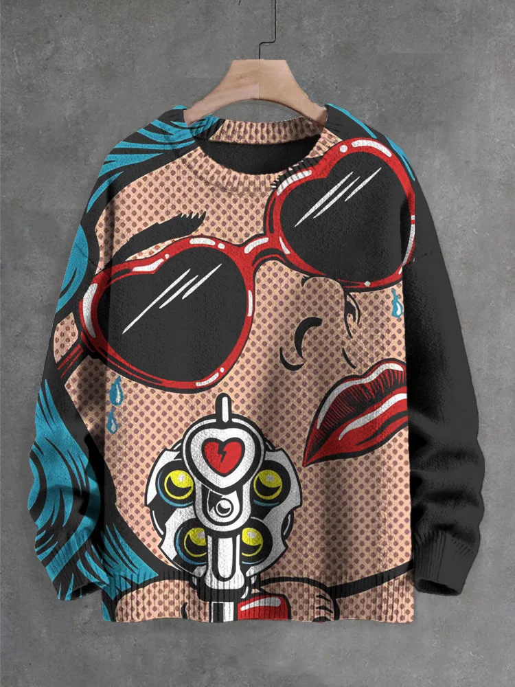 Men's Retro Nostalgia Gun Art Print Knit Sweatshirt