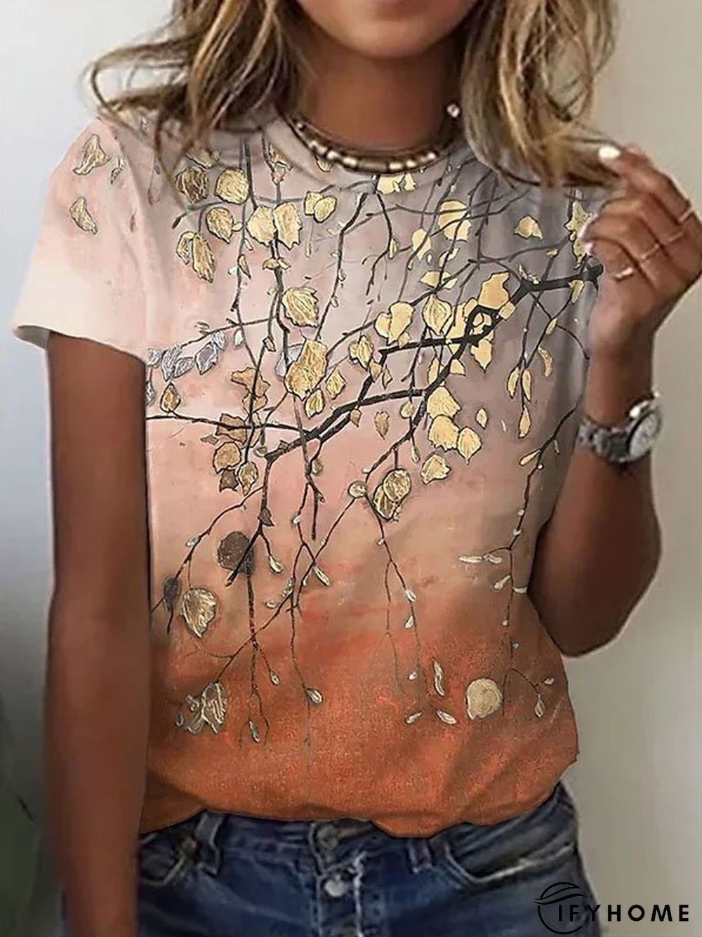 Women's Floral Printed Gradient Crew Neck Short Sleeve Casual T-Shirt | IFYHOME
