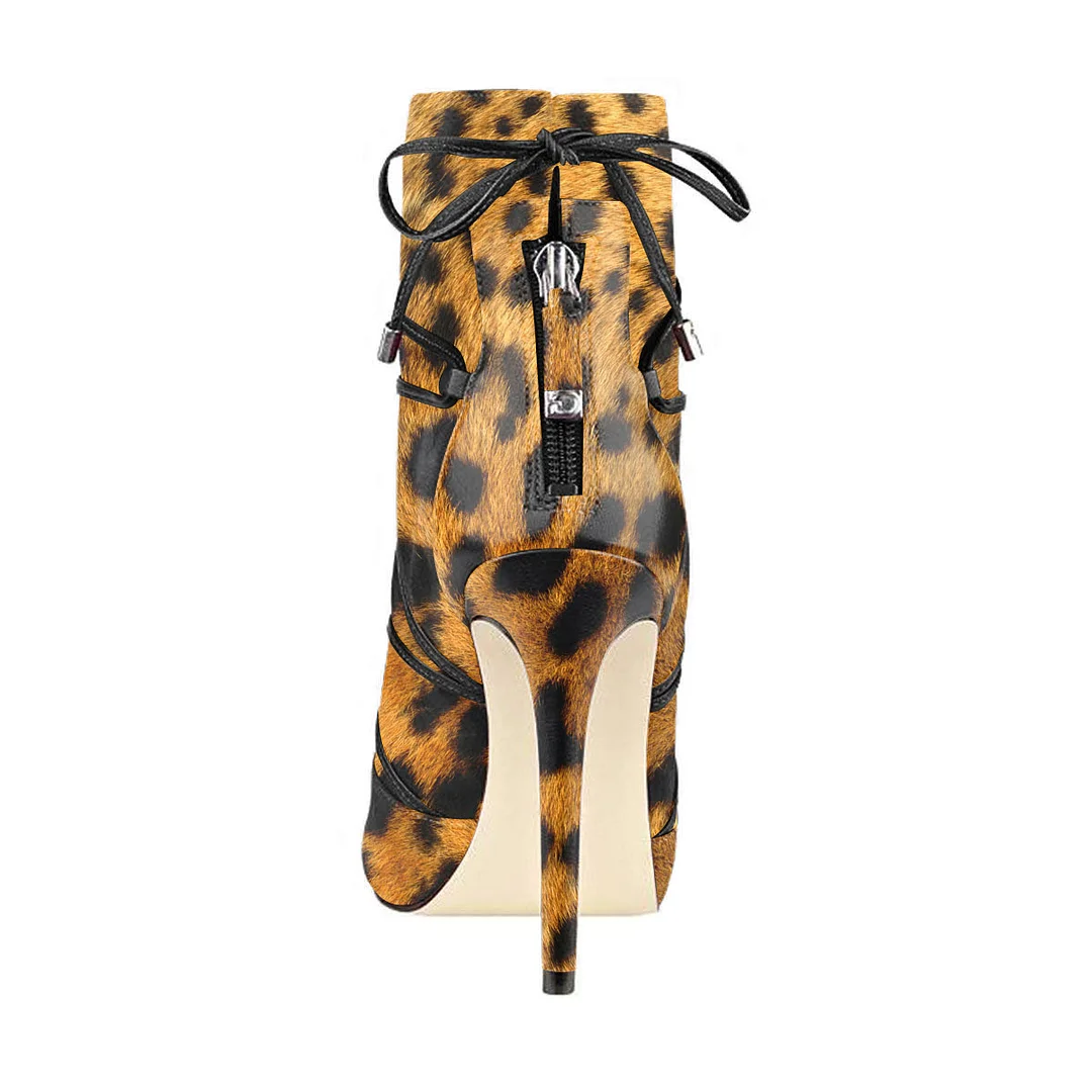 Leopard Faux Suede Peep Toe Back-Zip Stiletto Heel Ankle Booties