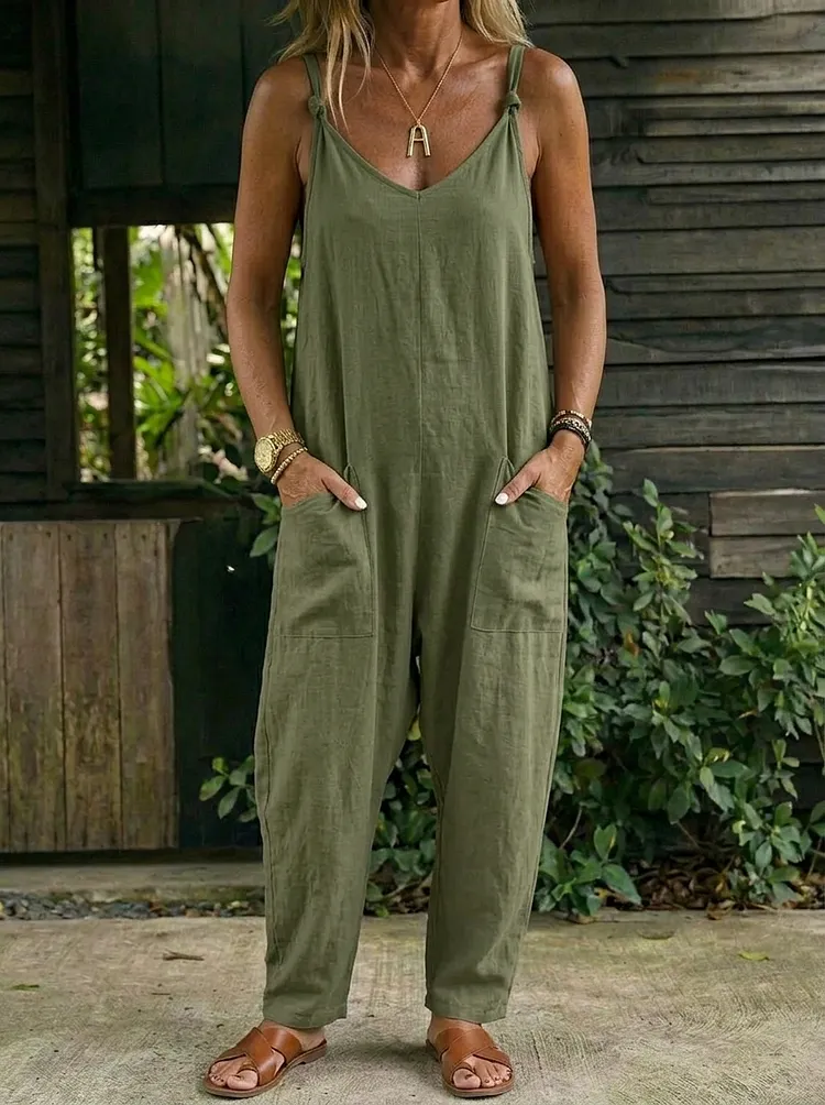 Women&rsquo;s Casual Strapless V-neck One Piece Pocket Cotton Jumpsuit