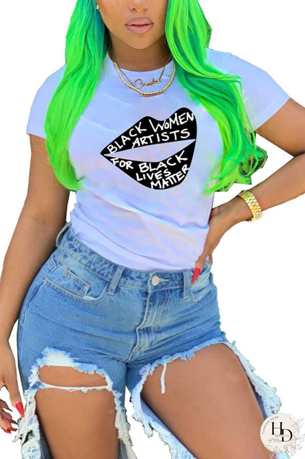 White Yellow O Neck Short Sleeve Letter Patchwork Print Slim fit Lips Print Tops