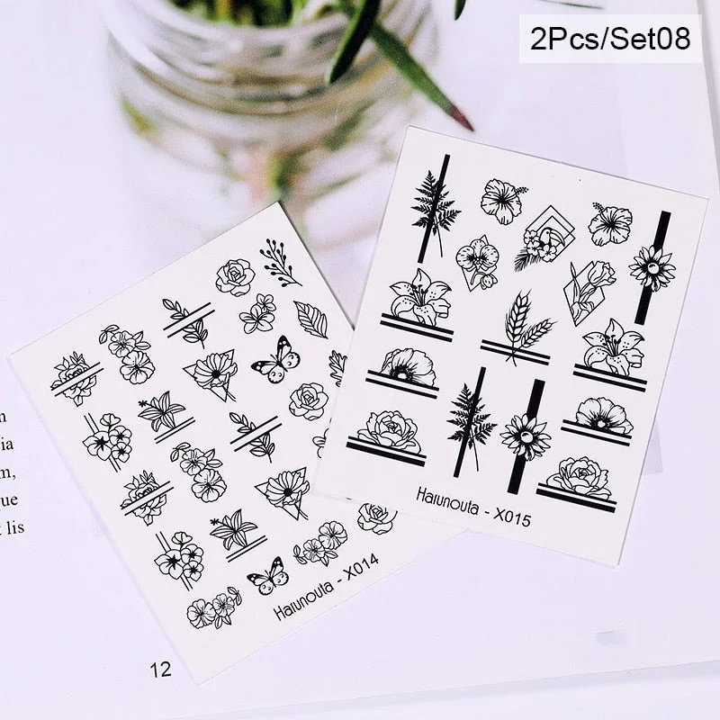 Harunouta Spring Flower Leaf Water Decals Love Heart Geometric Lines Nail Art Stickers DIY Slider Manicures Nail Art Decoration