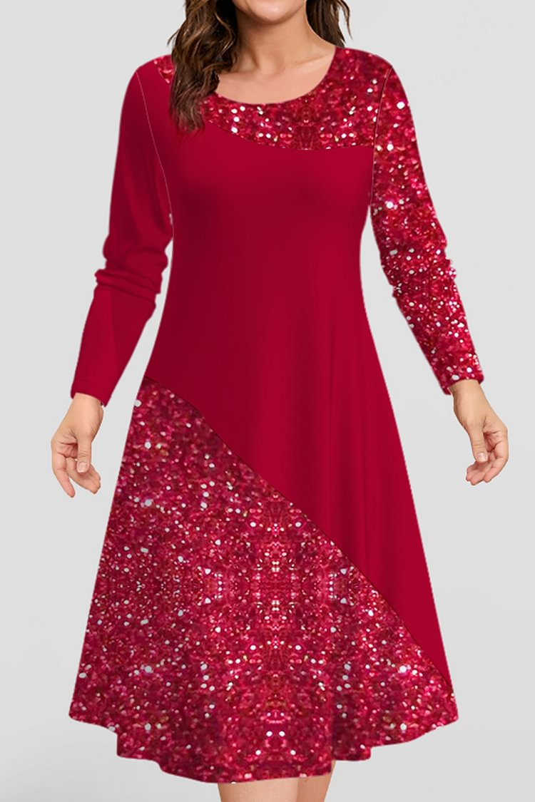 Flycurvy Plus Size Casual Red Sparkly Sequin Print Midi Dress  Flycurvy [product_label]