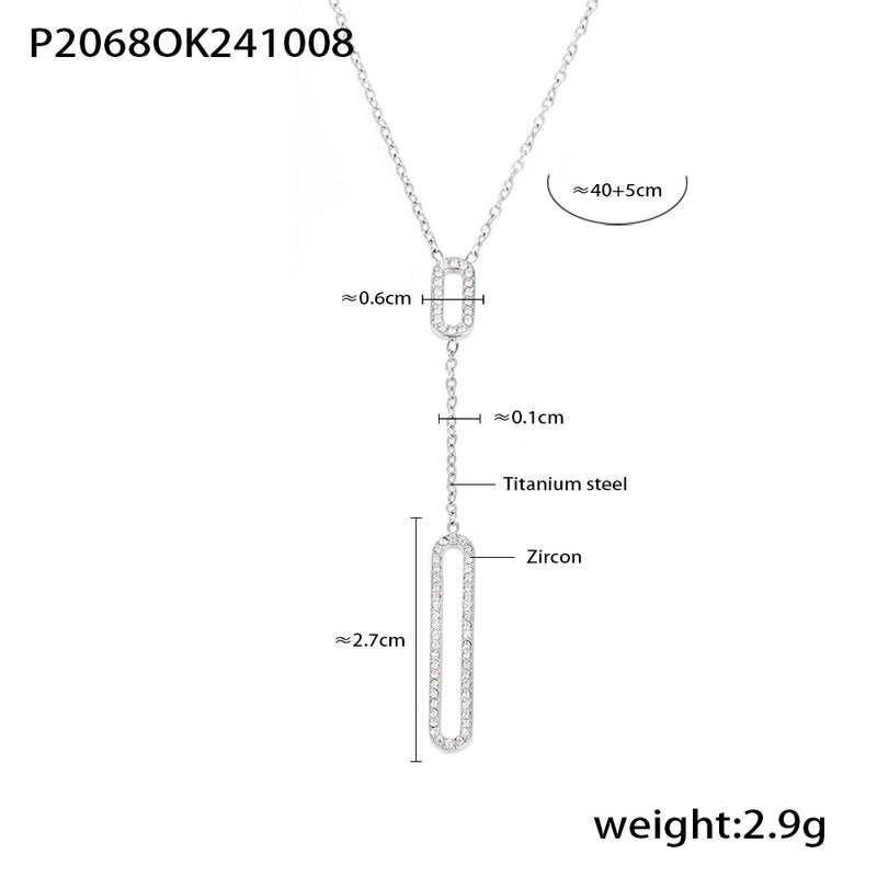 Elegant Luxurious Vacation Rectangle Titanium Steel 18K Gold Plated Rhinestone Necklace