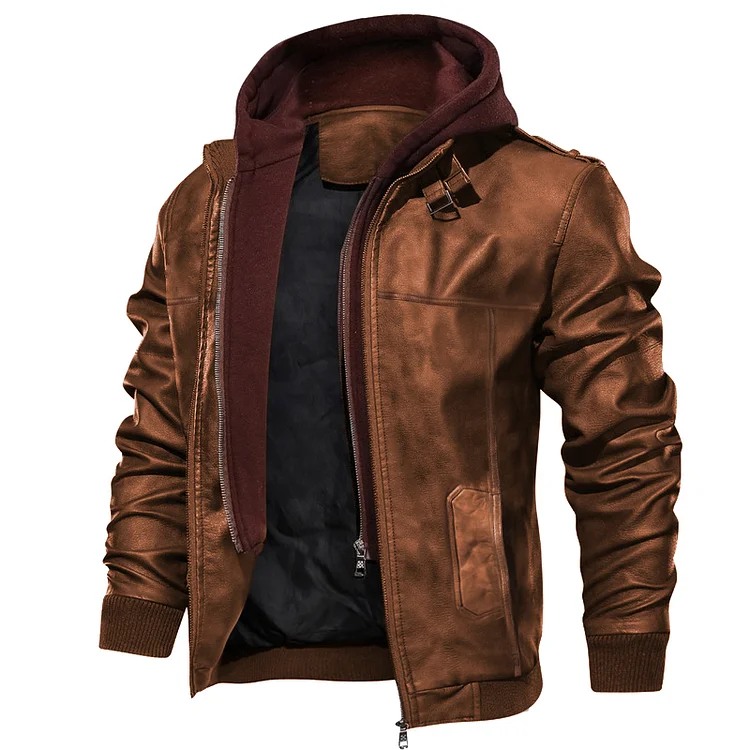Men's Hooded Fake Two Piece Leather Jacket