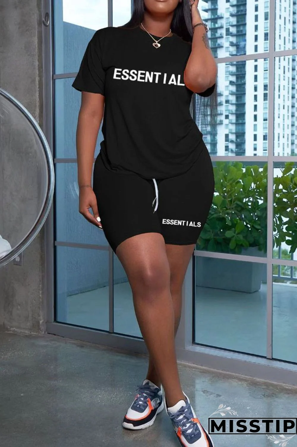 Black Casual Print Patchwork O Neck Short Sleeve Two Pieces