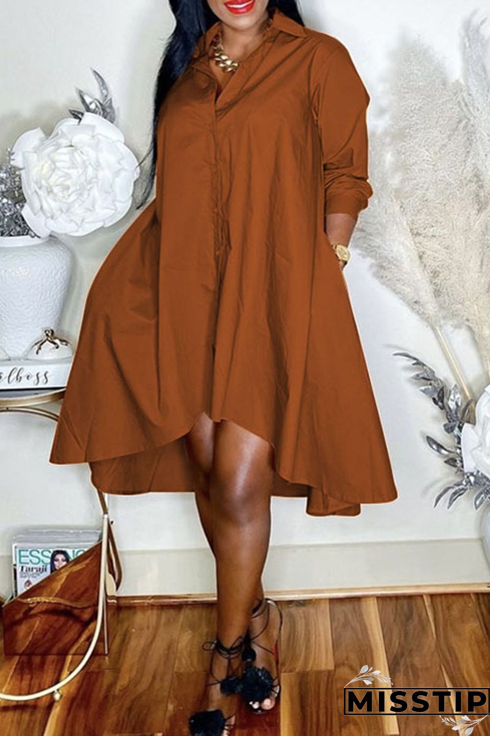 Purple Casual Solid Patchwork Buckle Asymmetrical Turndown Collar Shirt Dress Plus Size