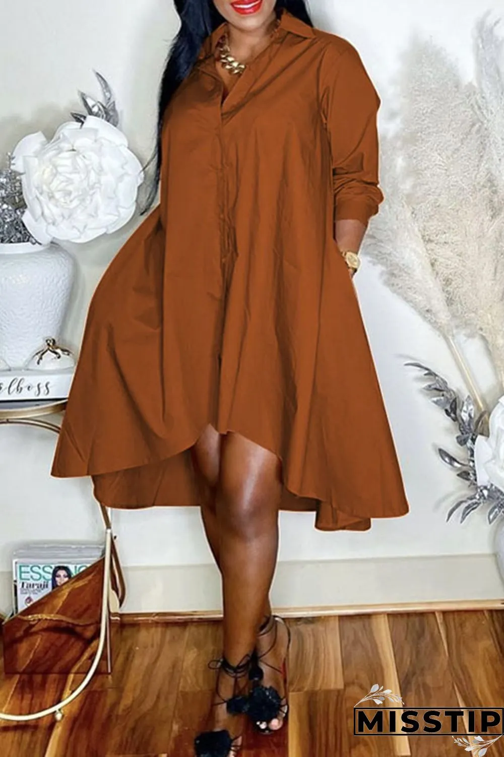 Purple Casual Solid Patchwork Buckle Asymmetrical Turndown Collar Shirt Dress Plus Size