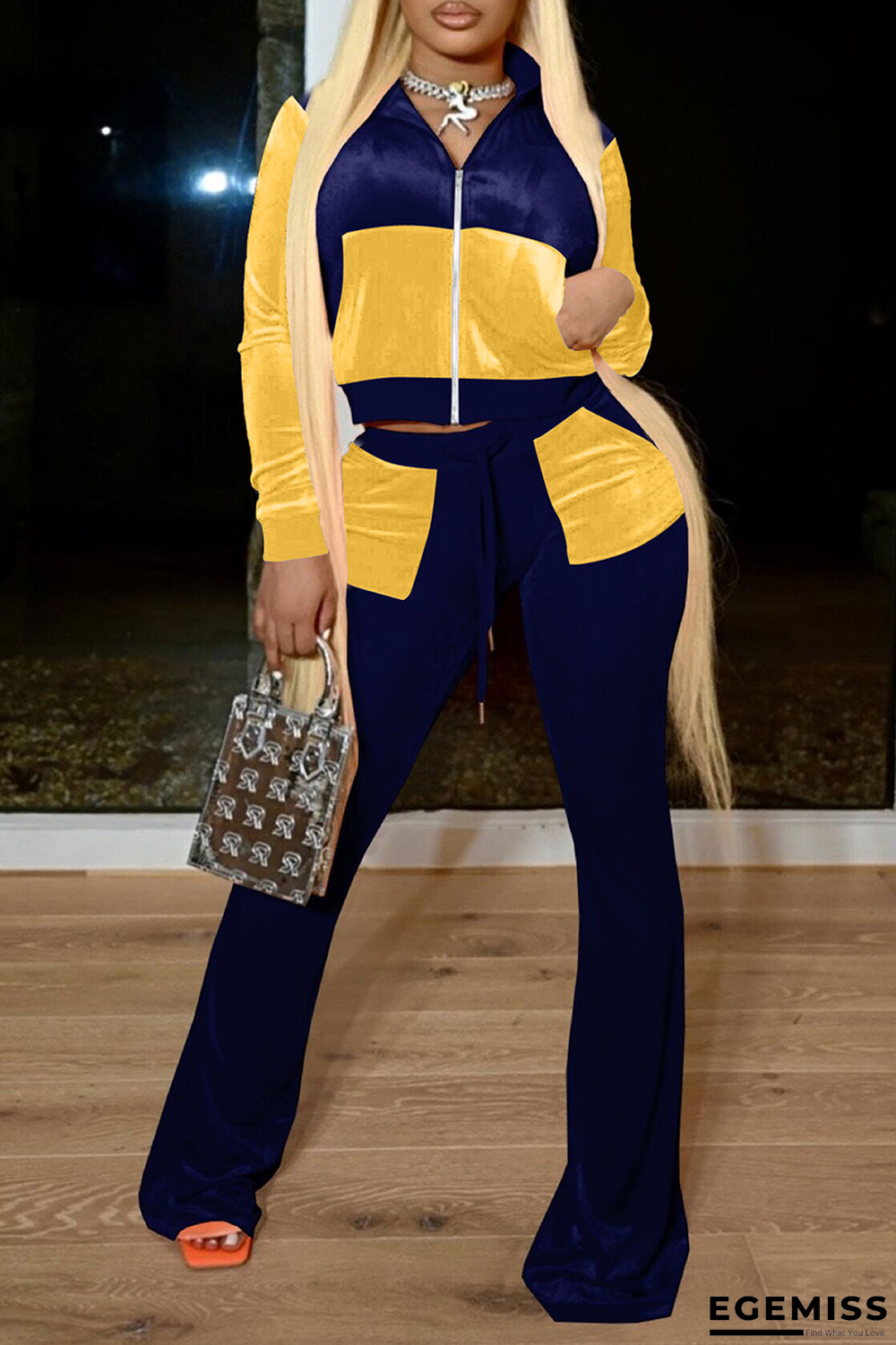 Tibetan Blue Casual Solid Patchwork Zipper Collar Long Sleeve Two Pieces | EGEMISS