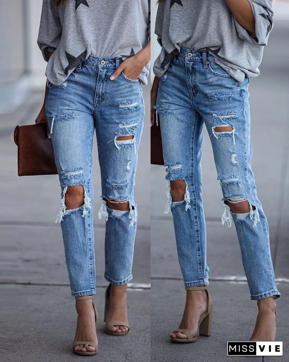 Ripped Cutout High Waist Button Design Jeans