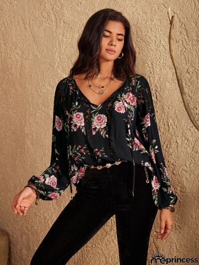 Flower Printed Tie Neck Long Sleeve Blouse