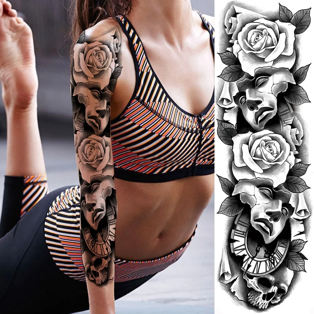 For Men Women Body Art Full Arm Sleeve Black Flower Tatoo Water Transfer Fake Tattoo Stickers Large Compass Temporary Tattoos