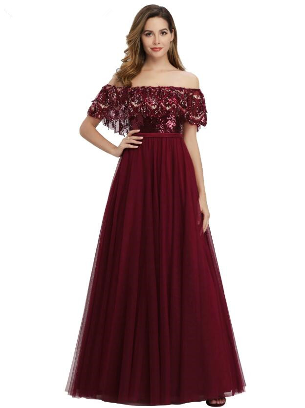 Burgundy Off-the-Shoulder Sequins Prom Dress Long Evening Gowns With ...