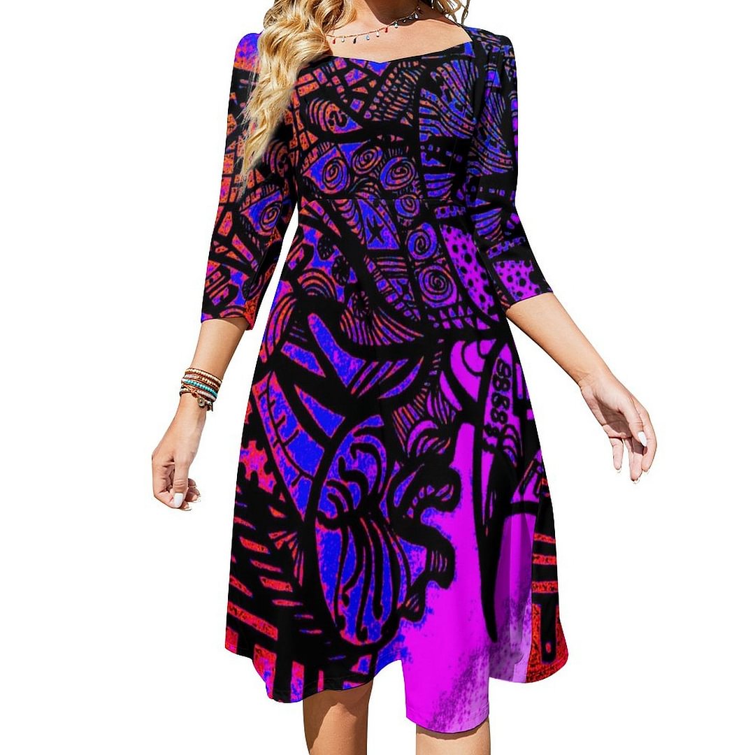 Psychedelic Artsy Colorful Dress Sweetheart Tie Back Flared 3/4 Sleeve Midi Dresses