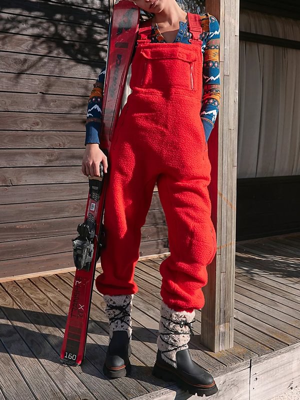 Women's Red Plush Ski Bib Design Adjustable Suspender Bib