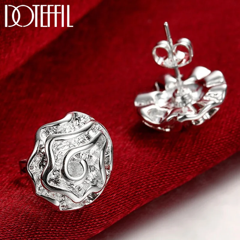 DOTEFFIL 925 Sterling Silver Cute Rose Flowers Stud Earrings For Women Jewelry
