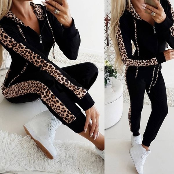 Women's Leopard Long-sleeved Plus Velvet Printed Sweater Zipper Hood Sweater Trousers Autumn and Winter Women's Two-piece Suit - Shop Trendy Women's Fashion | TeeYours