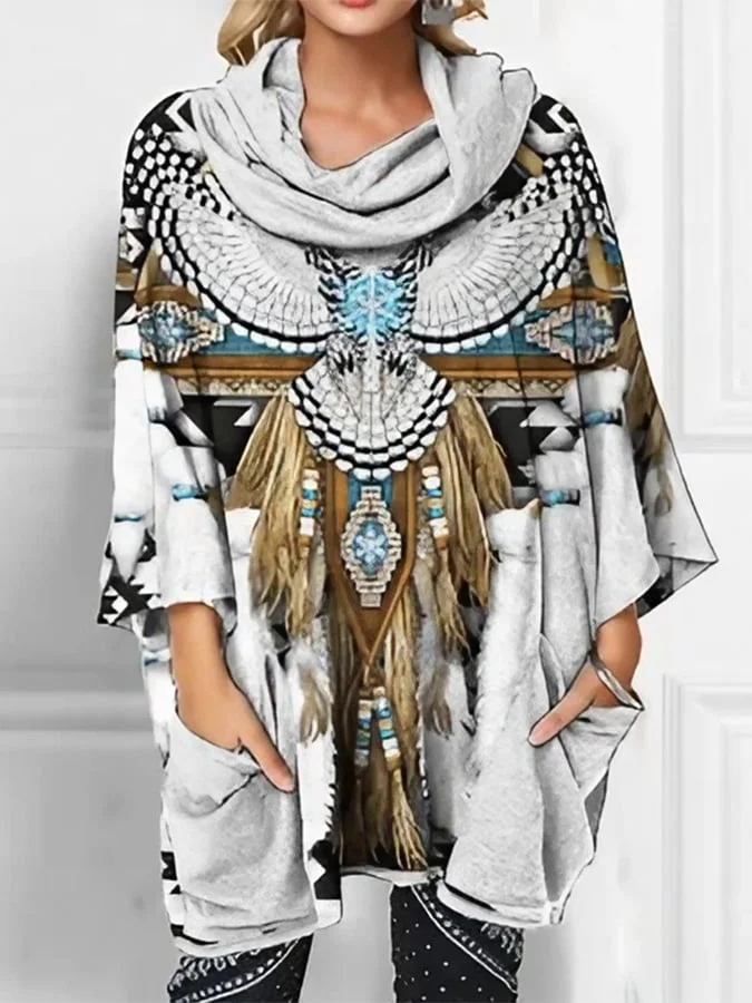Vintage Western Print Pullover Cape Top