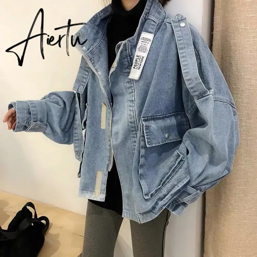 Retro Denim Coat for Women Short Loose Letter Student Harajuku Lady's Denim Jackets Hiphop Spring and Autumn Cowboy Old Outwear Aiertu
