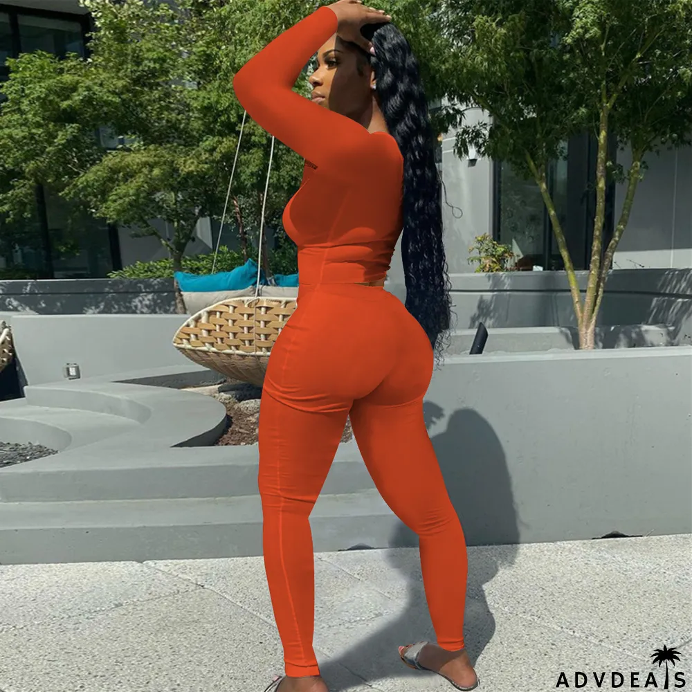 Solid Long Sleeve Stretchy Slim Two Piece Pants Set